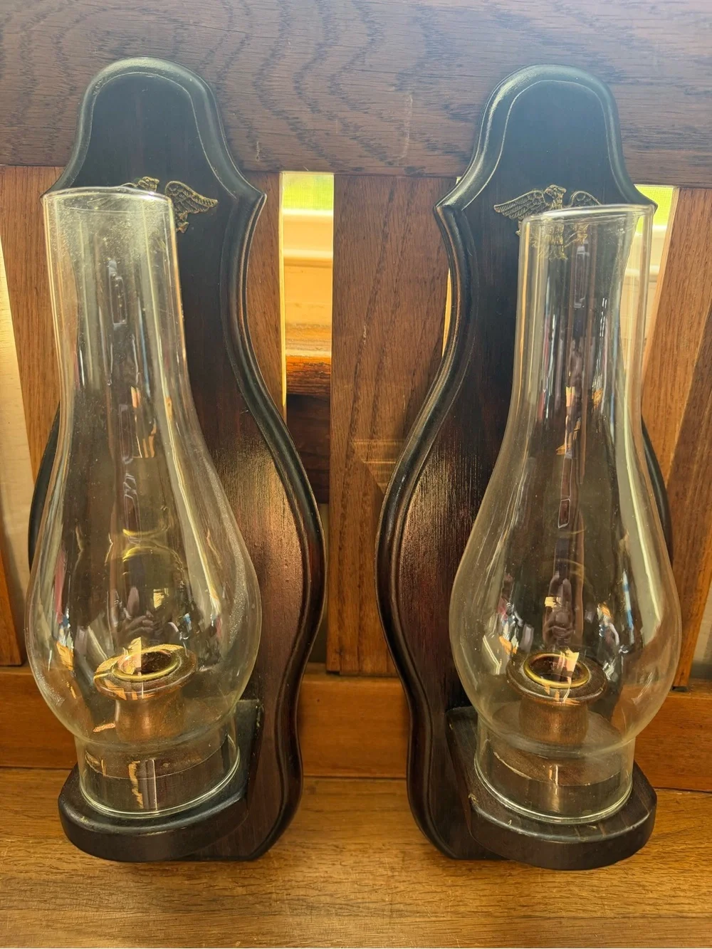 Vintage-Style Black Wood Wall Sconce Pair with Clear Glass Chimneys